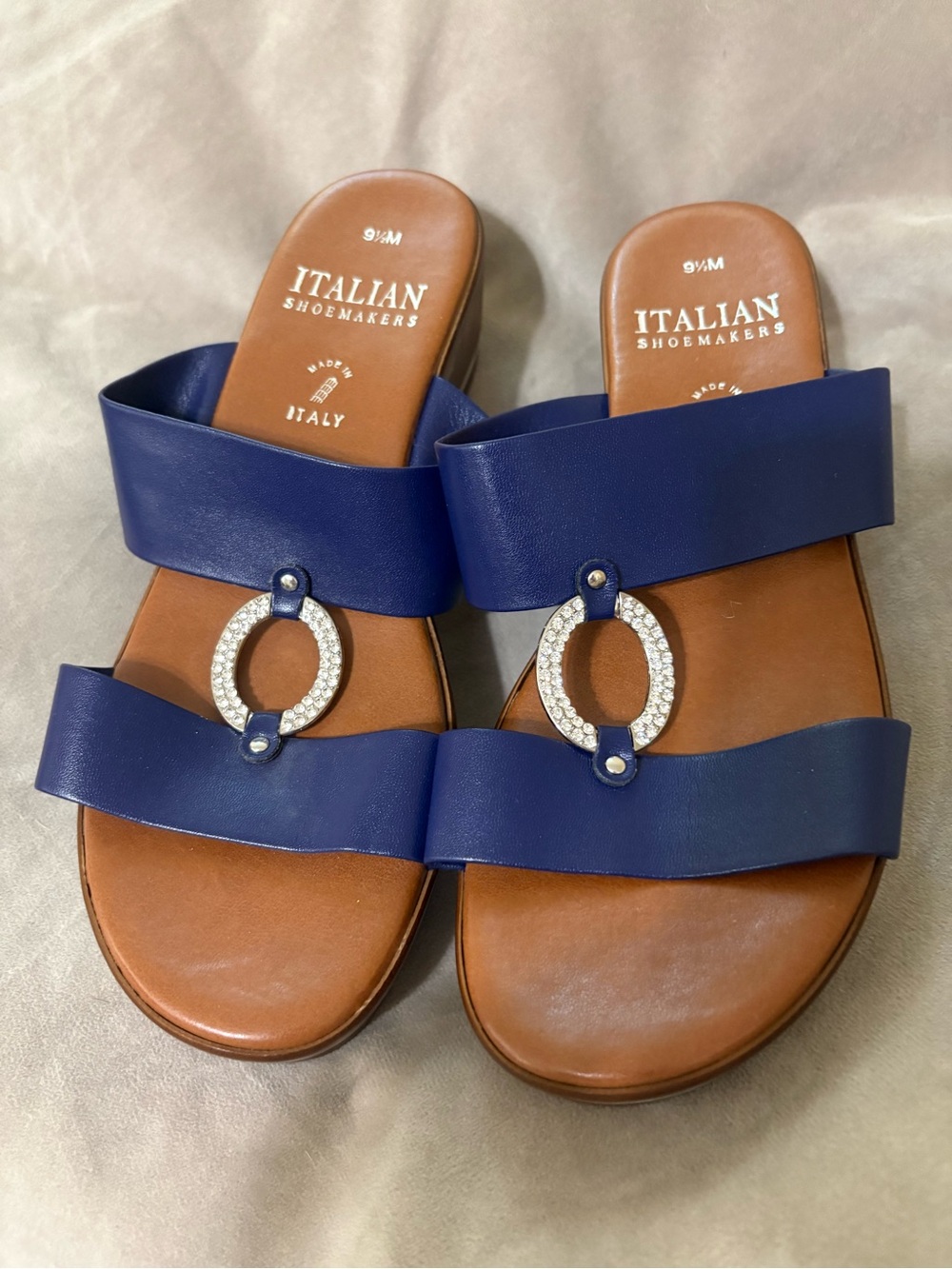 Italian Shoemakers Blue Double-Strap Slide Sandals with Rhinestone Ring 9.5M